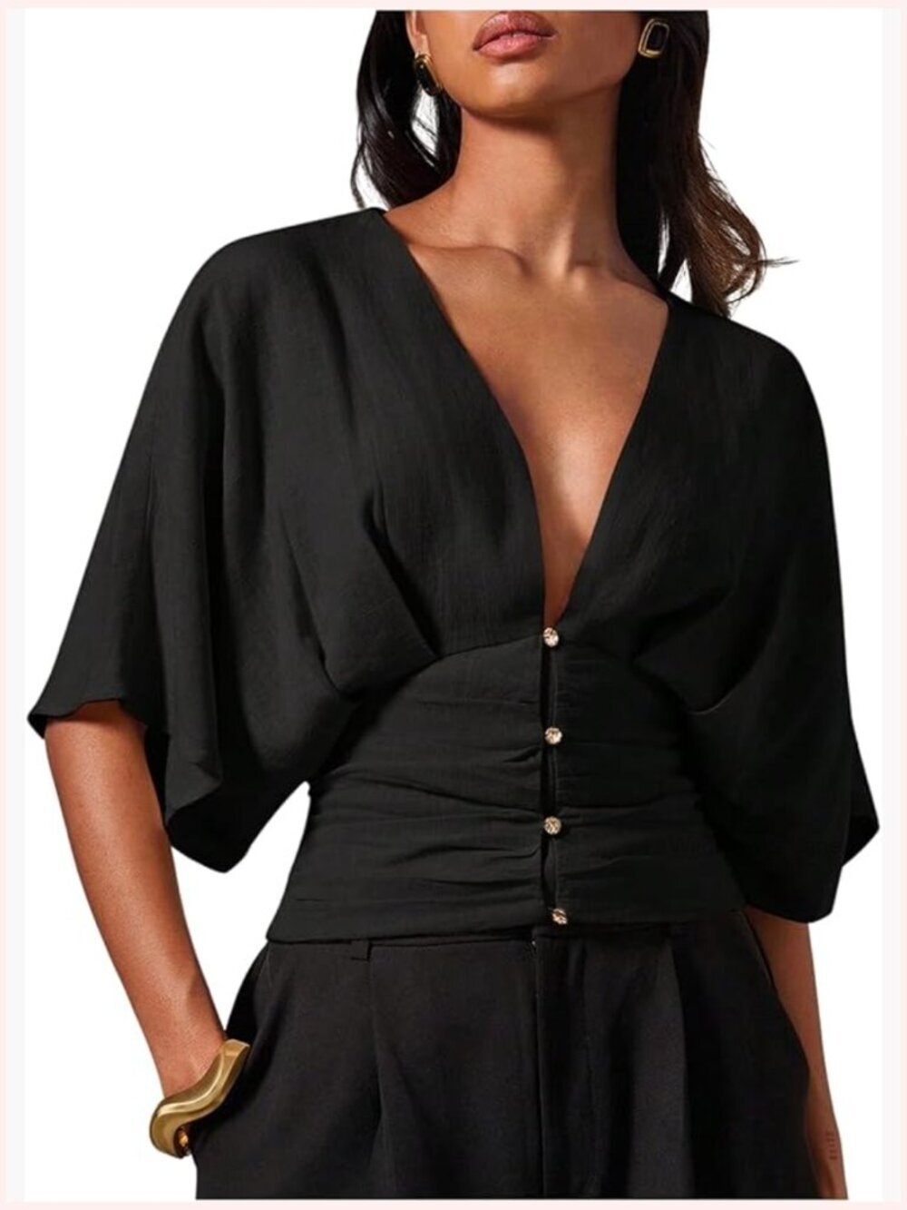 Elegant Ruched Blouse Deep V Neck Dolman Sleeve Crop Top Womens